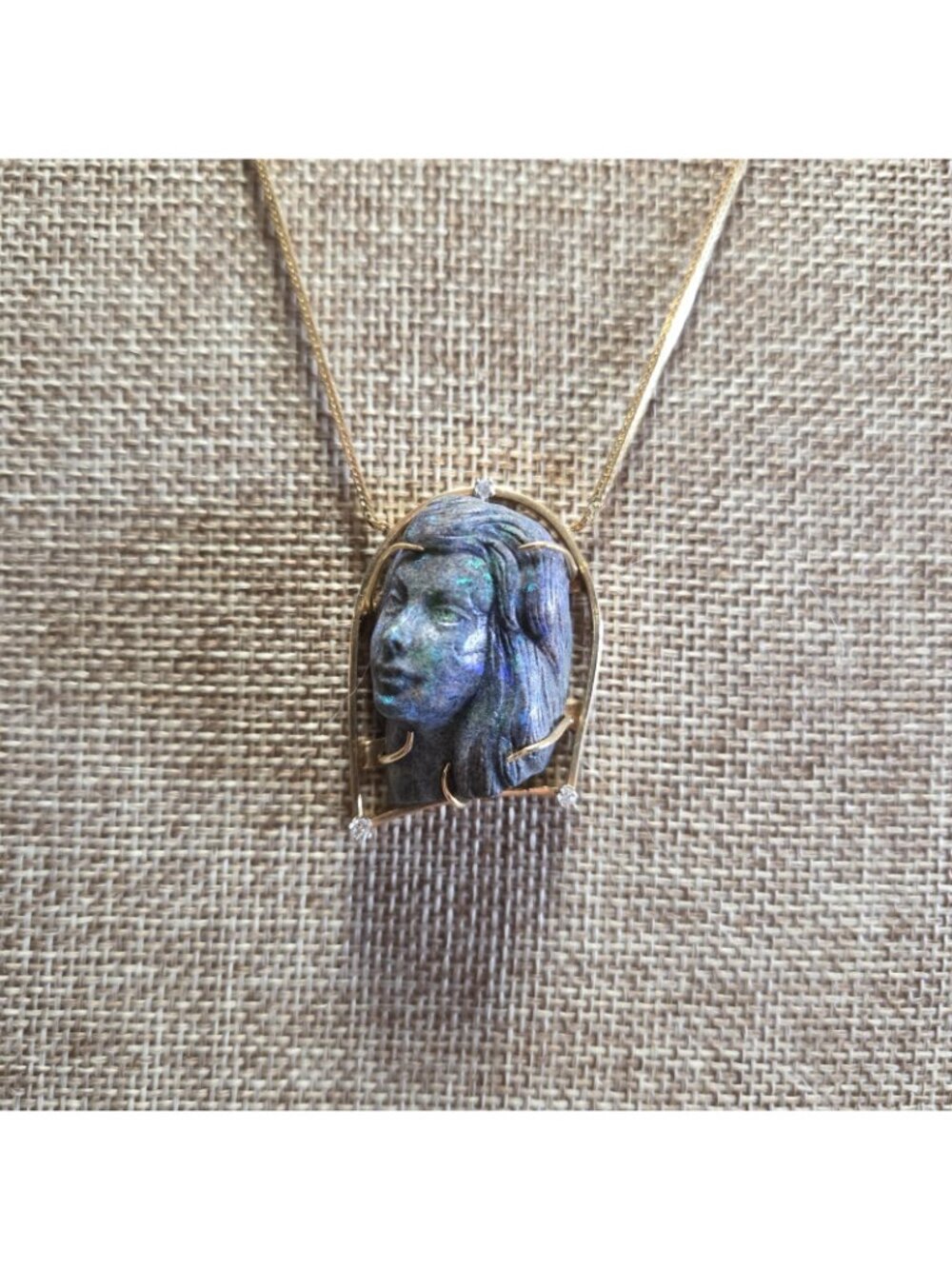Vtg 14K Gold Carved Opal Female Face Diamond Necklace 22.42g Bust Figural 585 - Picture 11 of 16